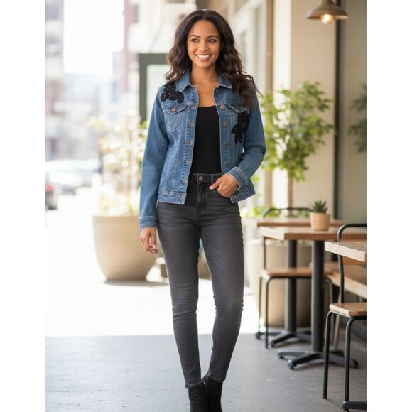 Nanette Lepore Womens XS Denim Button Jacket Black Sequin Floral Streetwear - Picture 1 of 11